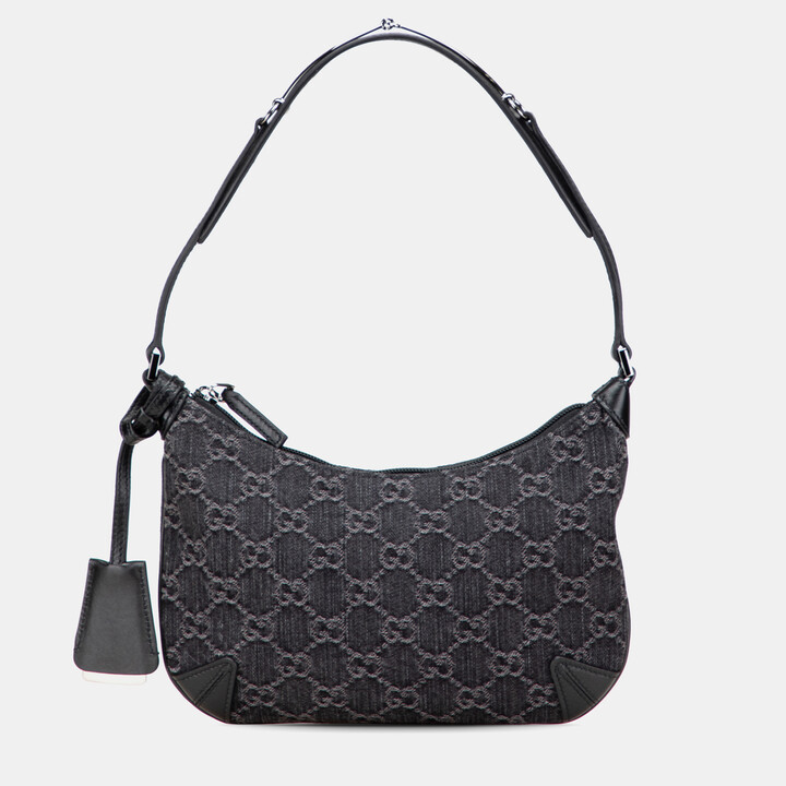 Gucci Black Small GG Denim Horsebit Slim Hobo