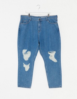 Noisy May Curve distressed mom jeans in mid blue wash - ShopStyle