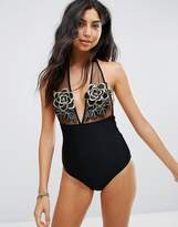 Thumbnail for your product : Goddiva Embroidered Plunge Swimsuit