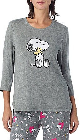 Peanuts Solid Jersey Knit 34 Sleeve Round Neck Snoopy Applique Coordinating Valentine's Day Sleep Top