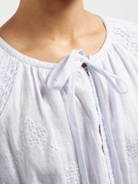 Thumbnail for your product : Innika Choo Geometric-embroidered Smocked Linen Midi Dress - Light Blue
