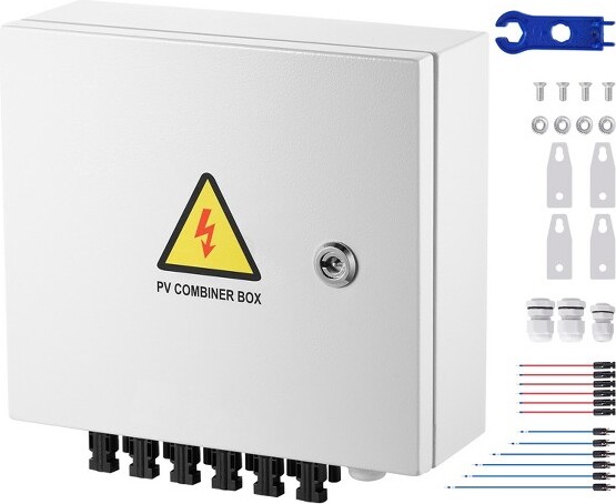 VEVORPVCombinerBox6StringSolarCombinerBoxwith15ARatedCurrentFuse125ACircuitBreakerLightningArresterandSolarConnectorWhite