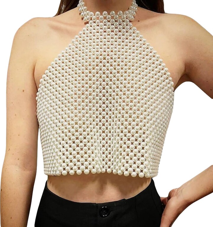 Frobukio Pearl Top for Women Sexy Halter Neck Backless Beaded