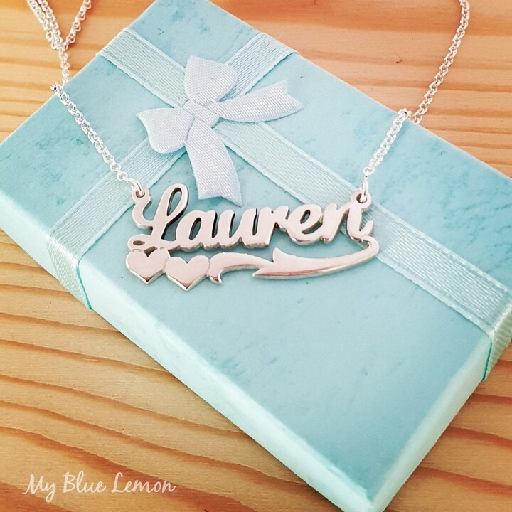 Etsy Name Necklace Sterling Silver Heart Accent Lauren Design Two Hearts