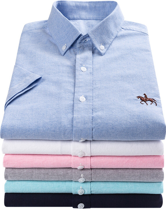QISHA 100% Pure Cotton Oxford Shirt For Men's Short Sleeve Solid Stripe Leisure Embroidered Horse Social Business Formal Dress Shirts