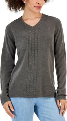Karen Scott Women's V-Neck Front-Cable Sweater, Created for Macy's