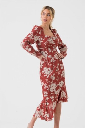 Liena Square Neck Long Sleeve Midi Dress In Red Floral