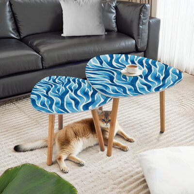 Triangle Nesting Coffee Table Set of 2 Wild Blue Zebra End Table Modern Minimalist Side Table Set for Living Room Bedroom