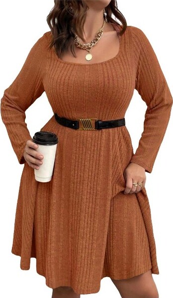 ClearloveWomen'sPlusSizeCasualSweaterDressSquareNeckLongLanternSleeveTieWaist,Coffee,XL
