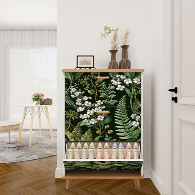 East Urban Home Shoe Storage Cabinet with 3 Flip Drawers for white flowers berries fern leaves Botanical Shoe Rack Storage Organizer