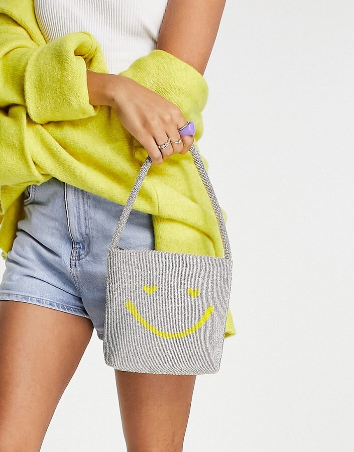 ASOS DESIGN beaded grab bag with happy face in silver ShopStyle