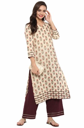 Janasya Indian Tunic Tops Cotton Kurti Set for Women - white - Medium