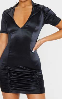 PrettyLittleThing Black Satin Collar Detail Ruched Bodycon Dress