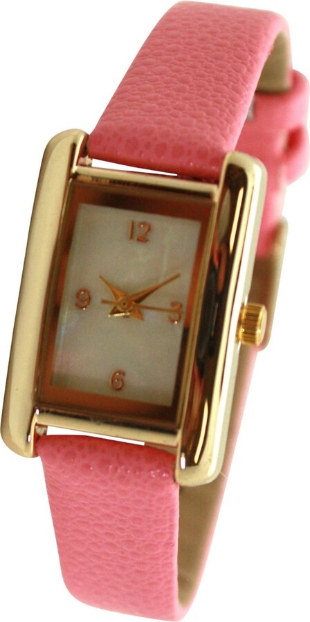 Olivia Pratt Pink Thin Gold Square Face Solid Faux Leather Women Watch