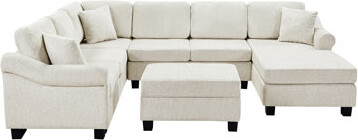 Latitude Run Living Room 111.8" U - Shaped White Chenille Sectional With Movable Storage , 6 Seats, Rolled Arms And Foam Lined Seating For Stylish Arm Design