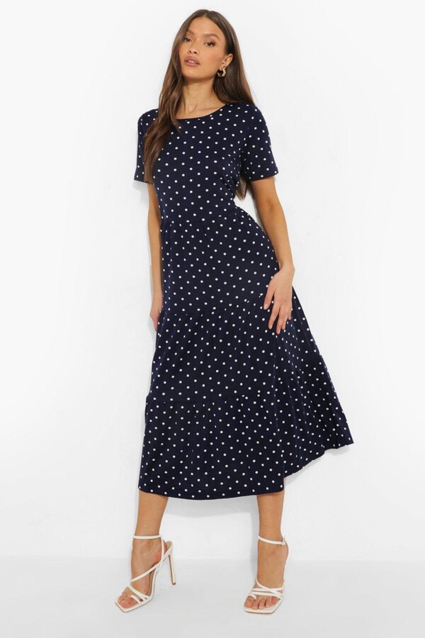 navy polka dot midi dress