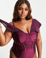 Thumbnail for your product : ASOS Luxe Curve front lace up drape off shoulder swimsuit in purple
