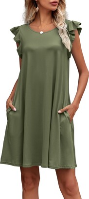 LAINAB Womens Plus Size Loose Summer Shift Dress Ruffle Sleeveless Olive Green XXL
