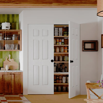 CHIC MODE Interior Pantry Doors - White 6-Panels Design Double Standard Door Slab With Black Ball Handle Prefinished Solid Core Doors