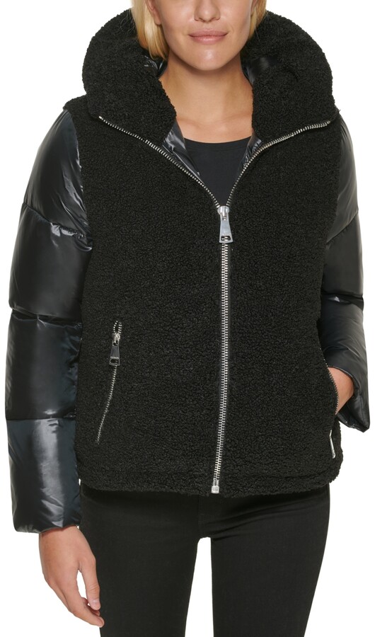 mixed media puffer coat