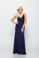Thumbnail for your product : Milano Formals - Deep V-neck Ruched Bodice Fit and Flare Long Dress with Side Thigh-High Slit E2125