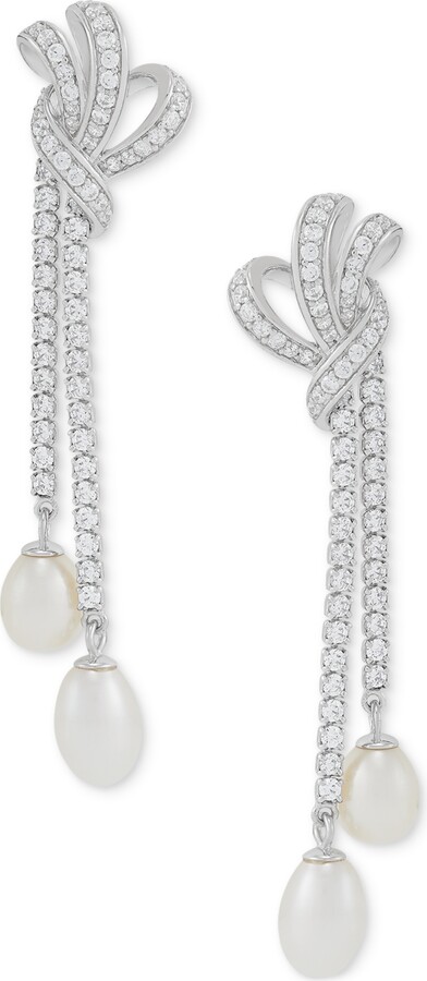 Arabella Freshwater Pearl (8x6mm & 7x5mm) Cubic Zirconia Knotted Drop Earrings in Sterling Silver