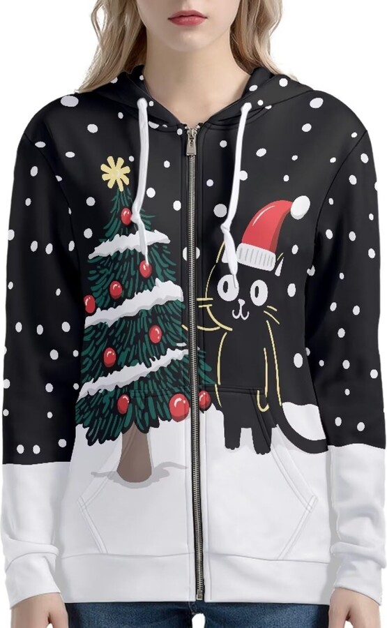 Xernghsao Christmas Womens Zip Up Hoodies Black Cat Print 2025 Sweatshirts Fall Long Sleeve Fashion Outfits Casual Jackets Winter Clothes for Vacation 5X-Large