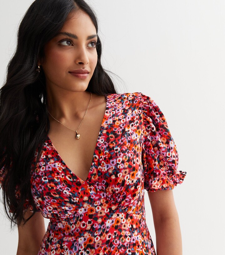 Blue Vanilla Red Floral V Neck Midi Dress ShopStyle