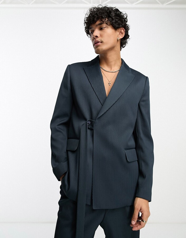 ASOS DESIGN slim belted suit jacket in navy plisse ShopStyle
