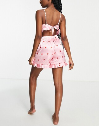 Vero Moda satin frill detail pyjama set in pale pink heart print - ShopStyle