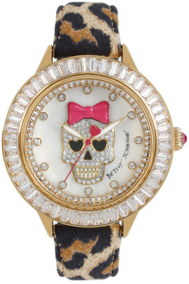 Betsey Johnson Women&s Crystal Skull Leopard Print Leather Strap Watch