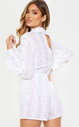 PrettyLittleThing White Lace Frill Detail Long Sleeve Playsuit