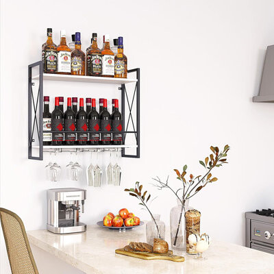 Prep & Savour 2 Tier Wine Rack Wall Mounted For Kitchen, Dining Room, Home Bar Decor,White And Black