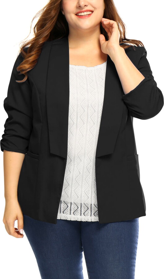 Unique Bargains Women’s Plus Size Cardigan 3/4 Sleeves Shawl Collar Ruched Cuffs Blazer