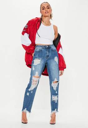 Missguided Blue High Rise Ripped Denim Mom Jeans, Blue