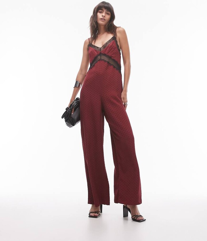 Topshop midi jacquard jumpsuit in burgundy with black lace bust