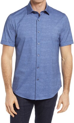 Bugatchi OoohCotton Tech Solid Knit Short Sleeve Button-Up Shirt