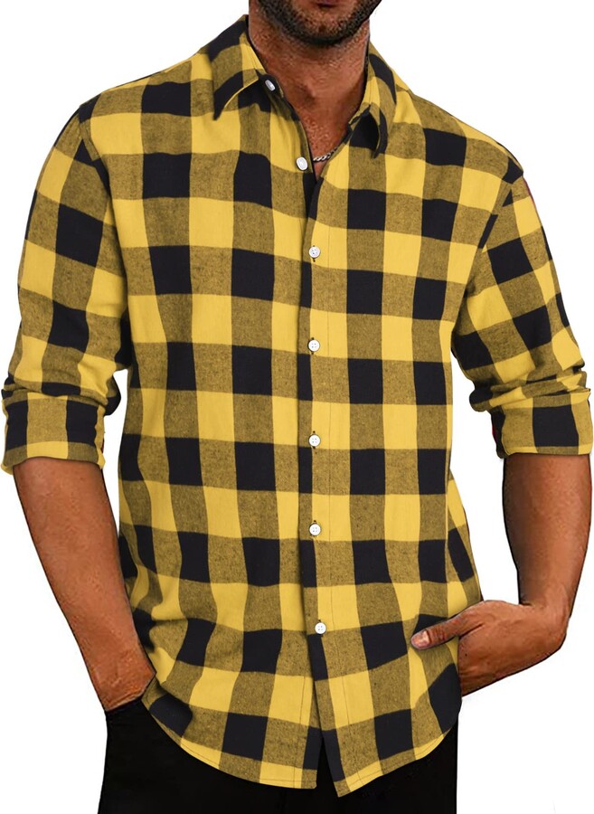 Renaowin Mens Casual Long Sleeve Button Down Shirts Fall Winter Plaid  Flannel Shirts for Men US 43(L) B Model Yellow - ShopStyle