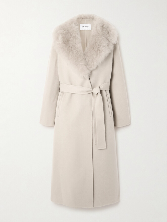 Yves Salomon Belted Shearling-trimmed Wool And Cashmere-blend Coat - Off-white