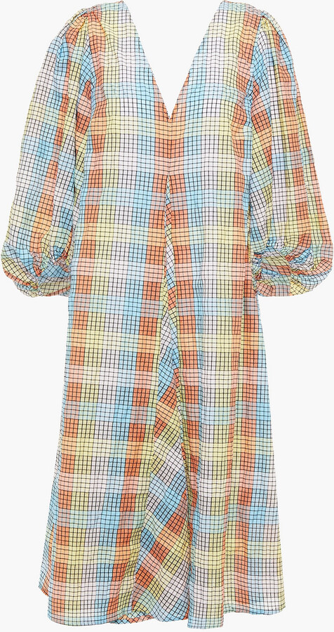Ganni Gathered checked cotton-blend seersucker dress ShopStyle