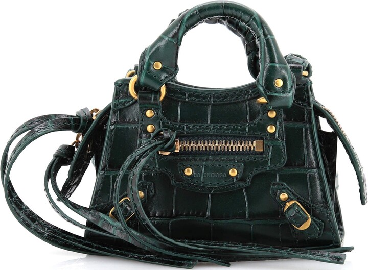 Balenciaga Mini Neo Classic City Bag In Green Croc Embossed Leather