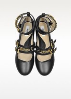 Thumbnail for your product : Moschino Black Leather Flat Ballerinas w/Golden Buckles & Signature Logo