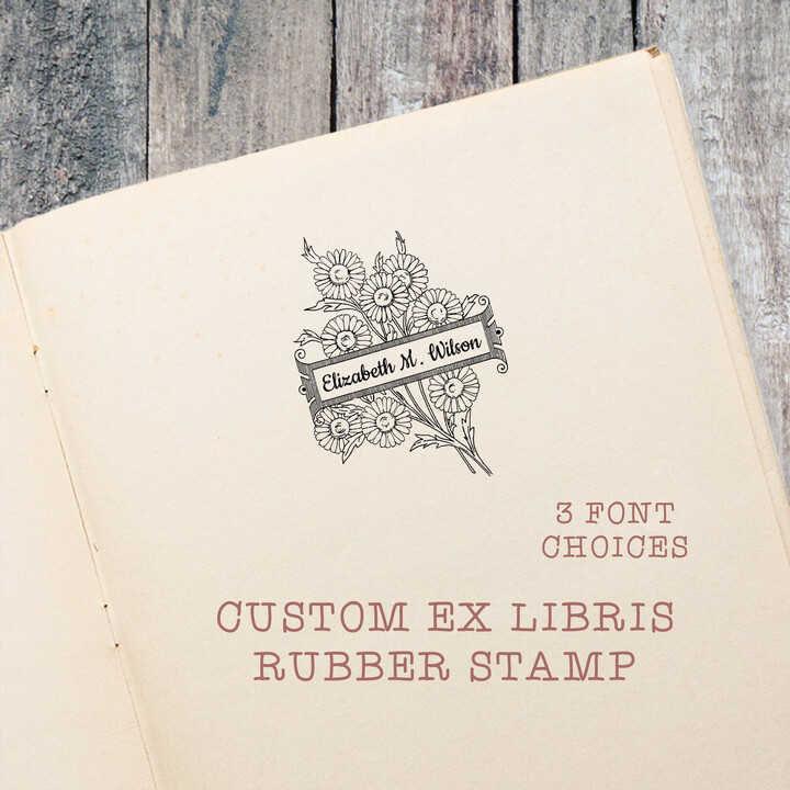 Etsy Vintage Daisy Flower Ex Libris Stamp, Feminine Chrysanthemum Aster Personalized Book Stamp, Gift For Booklover By Blossom Stamps