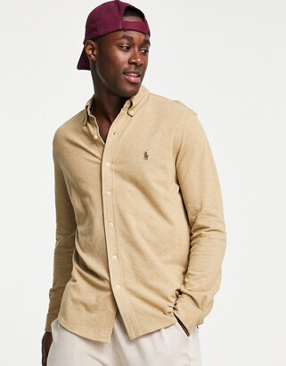 Polo Ralph Lauren player logo slim fit pique shirt button down in tan marl  - ShopStyle