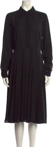 Michael Kors Collection Midi Length Dress Michael Kors Collection Shirtdress Black Pleated Accents Long Sleeve with Collar Button Closure at Front