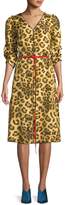 Marc Jacobs V-Neck 3/4-Sleeves Belted Leopard-Print Dress w/ Contrast Back