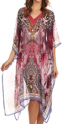 Sakkas 21658 Tala Rhinestone Accented Multicolored Sheer Caftan Top/Cover Up - Pink/White - OS