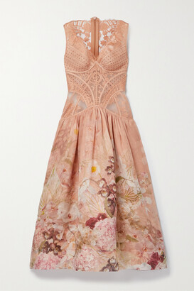 Zimmermann Dancer Paneled Silk And Linen-blend Organza, Tulle And Lace Midi Dress