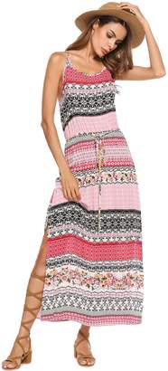 Meaneor Women's Boho Print Halter Neck Split Summer Beach Maxi Dress