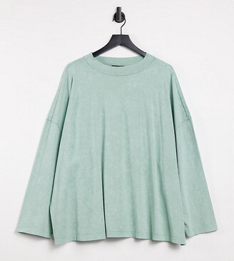 ASOS Curve DESIGN Curve boxy top with seam detail and long sleeve in washed sage